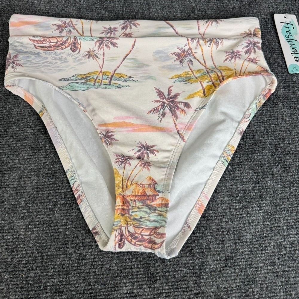 Freshwater Womens High Leg High Waist Bikini Bottom Tropical Island Print‎ M NEW